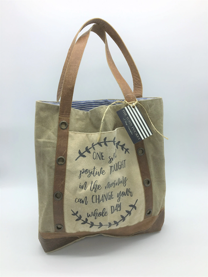 Handmade Canvas Tote Bat | Rustic Laptop Bag "Positive Thoughts