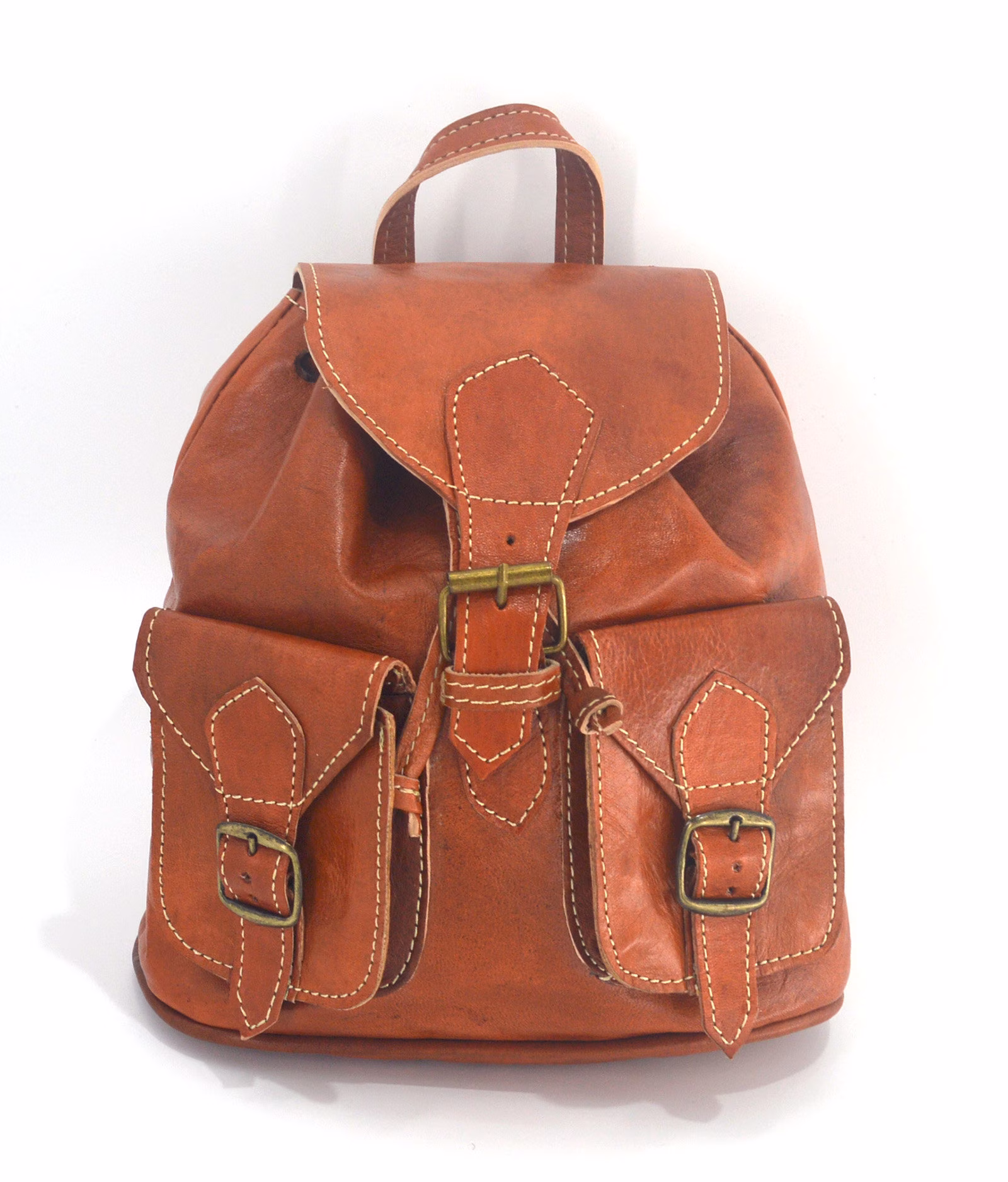 Tan Handcrafted Moroccan Leather Rack Sack Bag. 2 Front Buckled Pockets