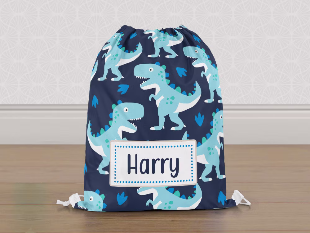 Personalised Dinosaur Gym Bag, Dark Blue Boys Kids Drawstring Childrens School Pe Swim Bag | Customise With Any Name
