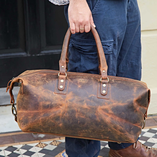 Personalised Buffalo Leather Overnight Bag - Handmade Gym Distressed Travel Weekender