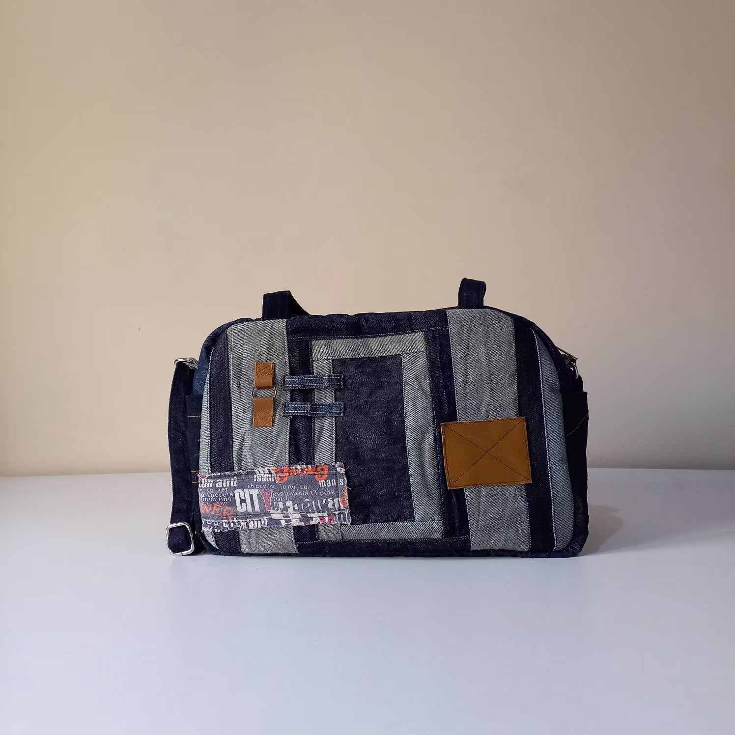Handmade Denim Duffel With An Adjustable Strap, Patchworked Jeans Weekender Duffle Two Top Handles, Multiple Pockets' Gym Bag
