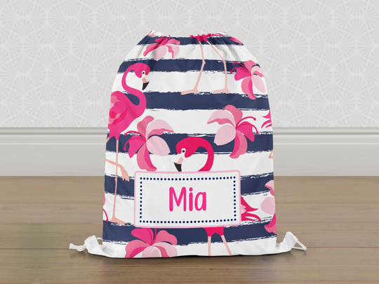 Personalised Flamingo Gym Bag, Blue Stripes Girls Kids Drawstring Childrens School Pe Swim Bag | Customise With Any Name