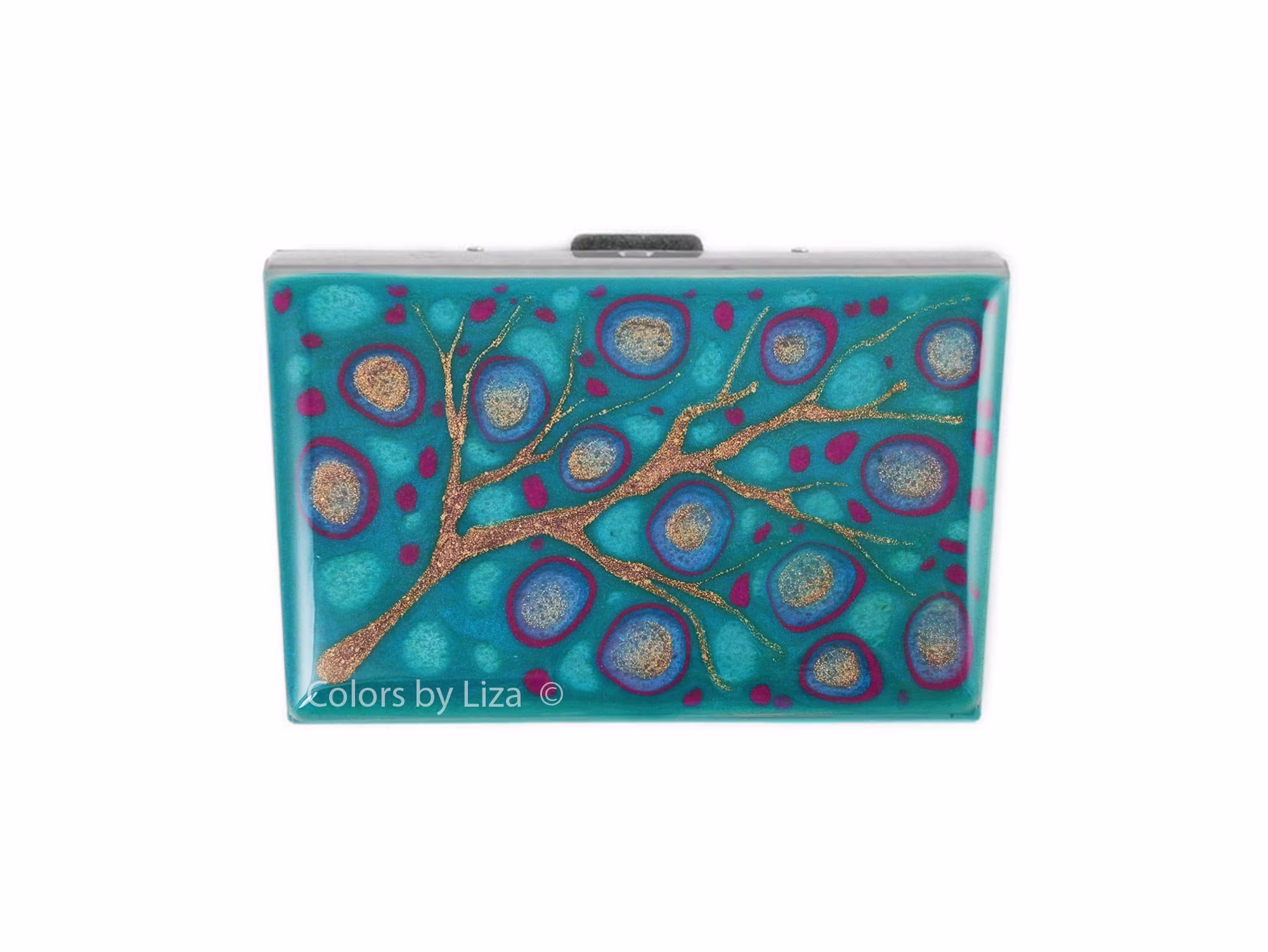 Credit Card Wallet With Rfid Blocker in Hand Painted Enamel Fuchsia & Turquoise Blossom Inspired Personalize Color Options