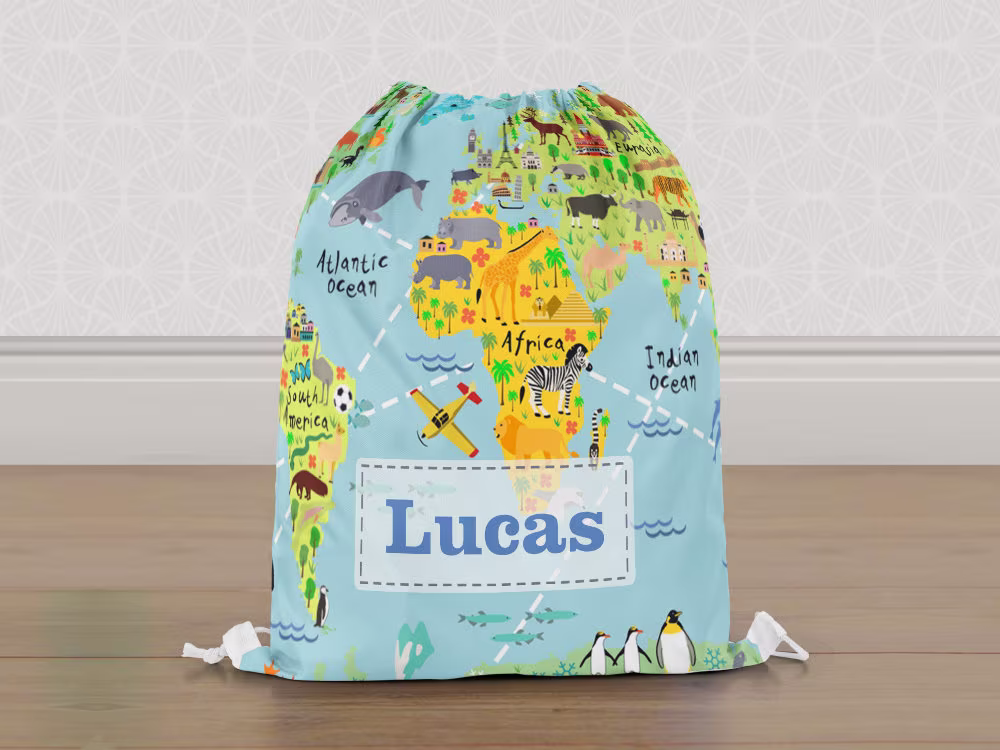 Personalised World Map Gym Bag, Girls Boys Kids Drawstring Childrens School Pe Swim Bag | Customise With Any Name
