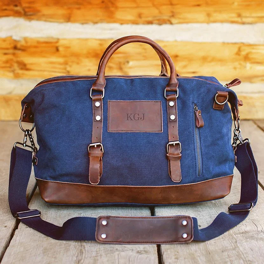 Personalized Men Duffel Bag For | Blue, Canvas & Leather/Unique Wedding Thank You Proposal Gift Groomsmen Best Man