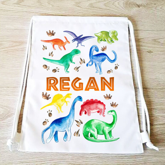 Rainbow Dinosaur Drawstring Backpack Bag Pe Gym Boys Girls Sports Personalised School Swim Tote