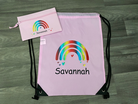 Personalised Pe Bag, Gym Matching Pencil Case, Rainbow, Pump Bag