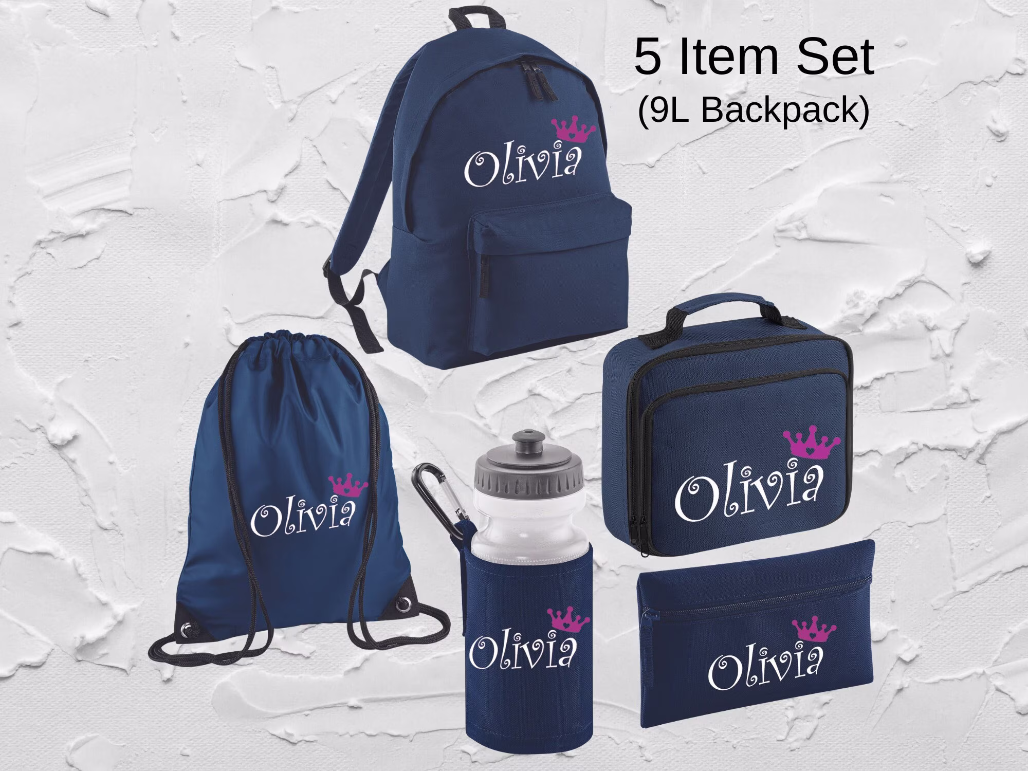 Personalised Backpack Kids 9L-12L-18L Boys Girls Printed Crown Name Lunch Bag Water Bottle Pencil Case School Pe Back To Navy