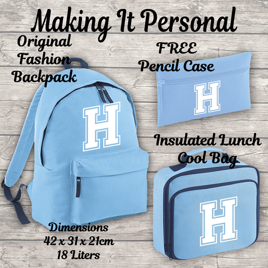 Personalised Initial 18L Backpack Kids Lunch Bag & Free Pencil Case Add Your Name Back To School Sky Blue, Black, Pink Or Navy