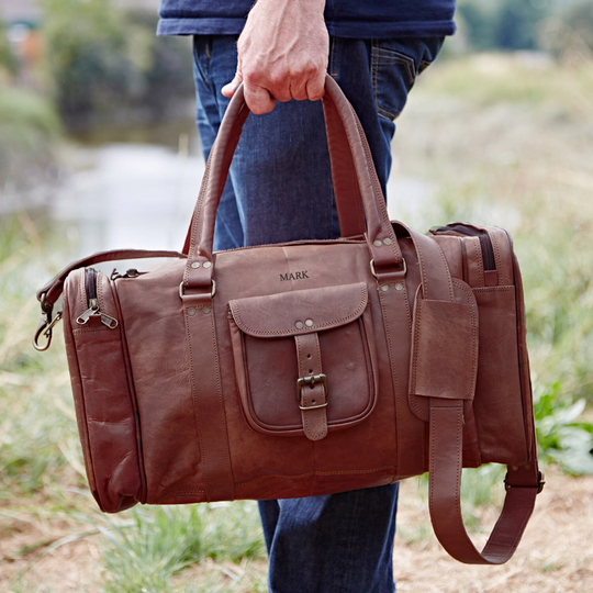 Personalised Large Or Extra Brown Leather Holdall With Zipped Pockets - Gym Bag Travel Overnight