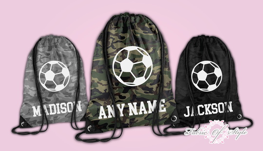 Personalised Football Camo Pe Kit School Boys Gym Kids Camping Drawstring Bag Back To