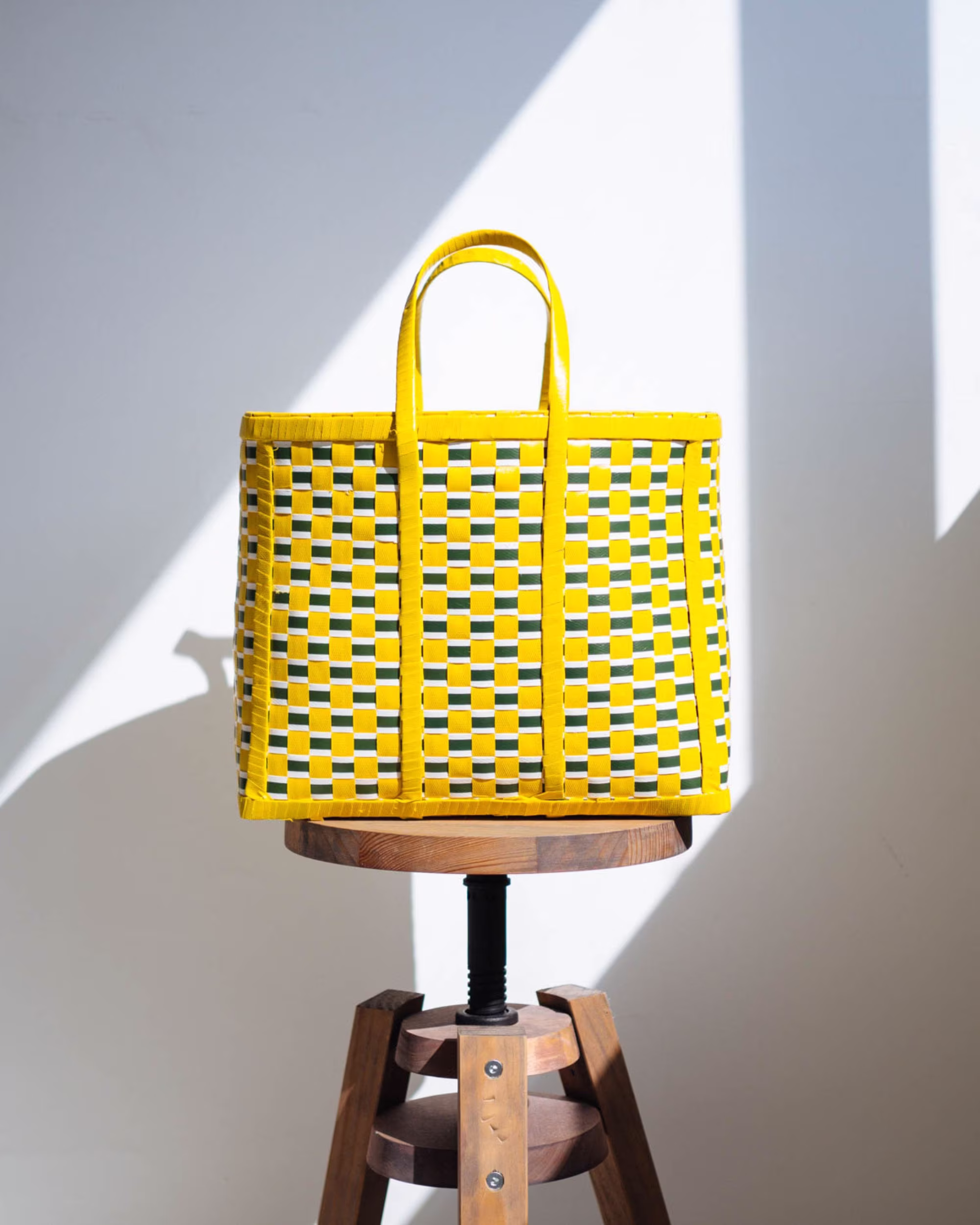 Yellow & Green Beach Basket, Woven Shopping Basket | Handmade in Myanmar Upcycled Baskets| Laundry Gym Bag