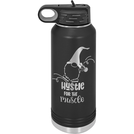 Hustle For The Muscle Gnome 32Oz Stainless Steel Water Bottle, Customized Engraved Cups, Double Wall Vacuum - 16 Different Colors