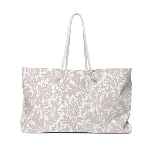 William Morris Oversized Weekend Bag | Rose Beige & White Floral Beach Large Shoulder Carryall Thistle Flowers Pattern Shopper