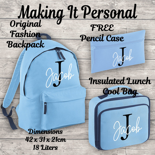 Personalised Initial & Name 18L Backpack Kids Lunch Bag Free Pencil Case Add Your Name Back To School Sky Blue, Black, Pink Or Navy