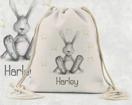 Personalised Bag Dance Gym Baby Gift Play School Nursery Drawstring Linen Blue Bunny