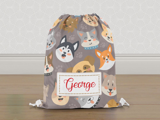 Personalised Dogs Puppy Faces Gym Bag, Boys Girls Kids Drawstring Childrens School Pe Swim Bag | Customise With Any Name