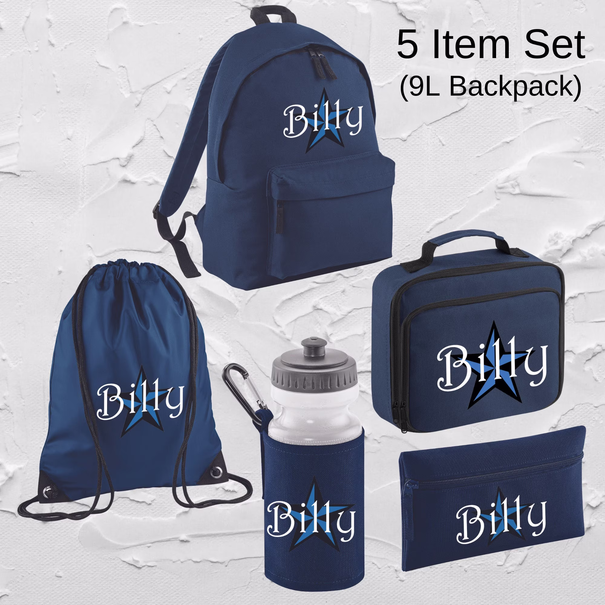 Personalised Backpack Kids 9L-12L-18L Boys Girls Printed Star Name Lunch Bag Water Bottle Pencil Case School Pe Back To Navy