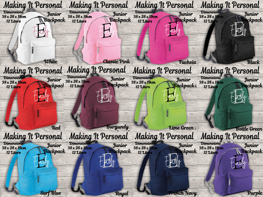 Personalised Inital & Name 12 Litres Backpack Add Your Name Back To School 13 Colours Kids