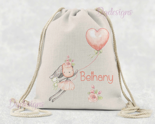 Personalised Bag Dance Gym Baby Gift Drawstring Linen Bunny