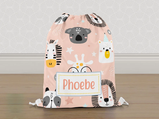 Personalised Pink Safari Gym Bag, Boys Girls Kids Drawstring Childrens School Pe Swim Bag | Customise With Any Name