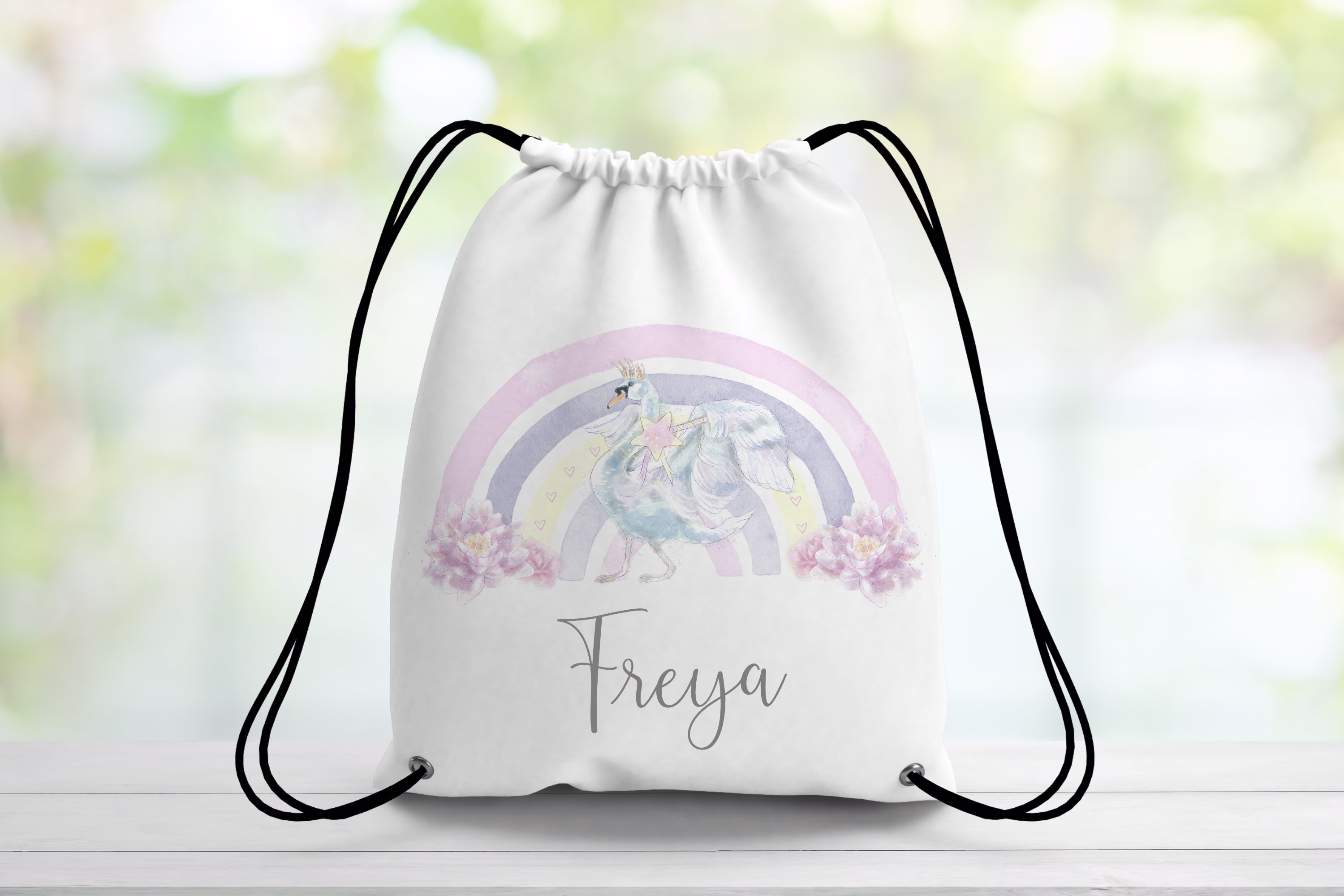 Personalised Pastel Rainbow With Swan Drawstring Bag