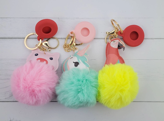 Pom Keychain With Airtag Holder, Bag Bling, Cover, Silicone, Handbag Plush Ball, Parot, Pig, Unicorn, Gifts