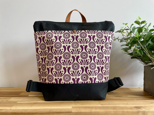 September Aster Waxed Canvas Backpack - Bag Purse Screen Printed Dark Violet Water Resistant