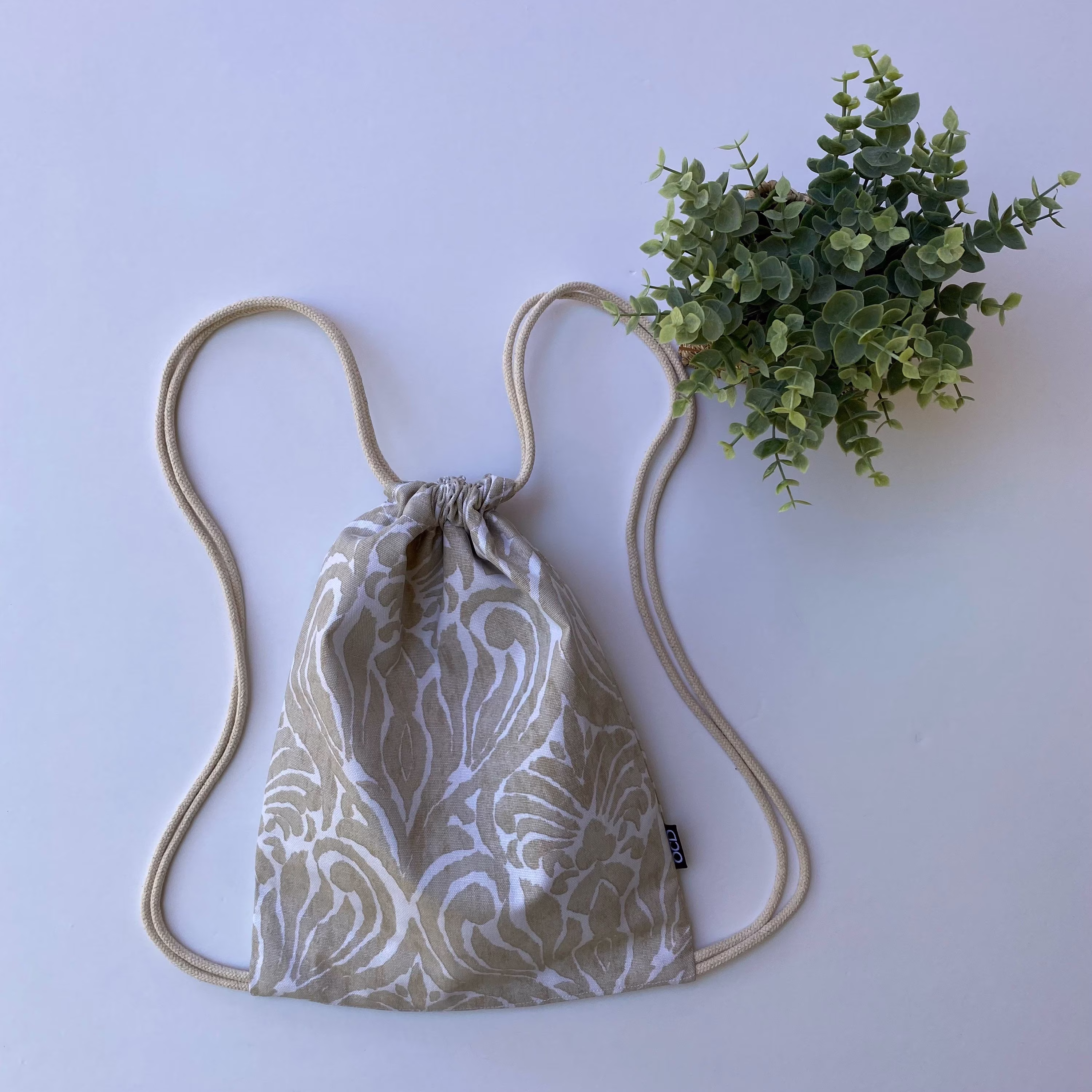 Neutral Damask Backpack - Sand & White Drawstring Small Cinch Sack Cute Gym Bag Earth Tone Oc Drawstrings Ocd