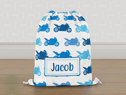 Personalised Motorbike Motorcycle Biker Gym Bag, Boys Kids Drawstring Childrens School Pe Swim Bag | Customise With Any Name