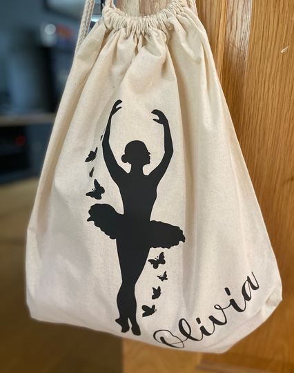 Personalised Ballet Dancer Bag. Great For Carrying Shoes & Dance Kit To Class. Natural Cotton Drawstring Duffel Bag 40 X 45cms
