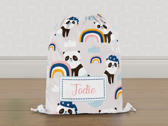 Personalised Sleepy Panda Gym Bag, Boys Kids Drawstring Childrens School Pe Swim Bag | Customise With Any Name