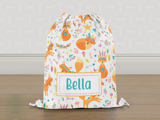 Personalised Wild Fox Gym Bag, Girls Kids Drawstring Childrens School Pe Swim Bag | Customise With Any Name