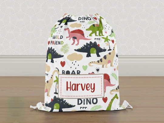 Personalised Dinosaur Gym Bag, Dino Boys Kids Drawstring Childrens School Pe Swim Bag | Customise With Any Name