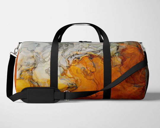 Travel Bag With Abstract Art, Lined Fabric Duffel Padded Strap, Overnight Weekender in Orange, White, & Gray, Baby Teeth