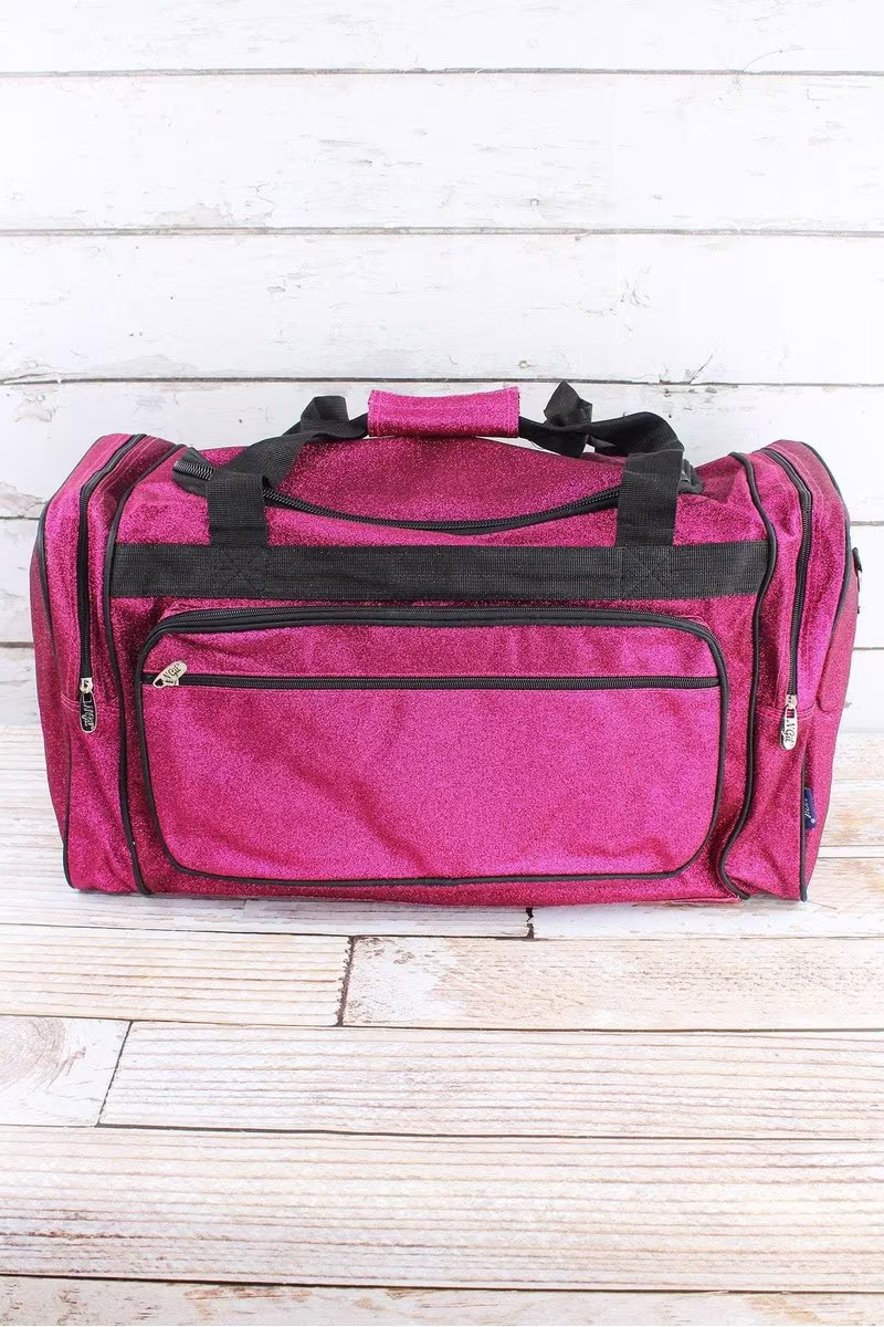 23 Inch Ngil Hot Pink Glitter Duffle, Personalize Girls Glitter Duffle, Overnight Embroidered Duffle