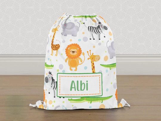 Personalised Safari Zoo Baby Animals Gym Bag, Boys Girls Kids Drawstring Childrens School Pe Swim Bag | Customise With Any Name