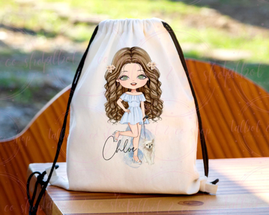 Personalised Fashion Girl & Dog Drawstring Bag, P.e Kit Back To School Nursery Kids Swim Gym Dance Bag