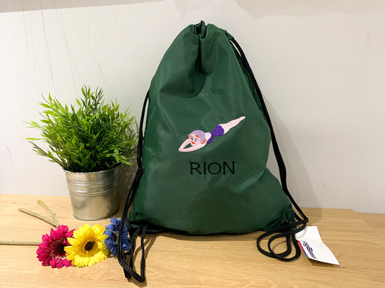 Personalised Swimming Bag, Diving Drawstring Bag, Girls Swimming Embroidery, School Kids Pe Kit Diving Logo
