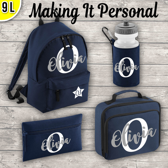 Personalised Mini 9L Kids Backpack Lunch Bag Water Bottle & Pencil Case Back To School Navy Add Your Initial Name