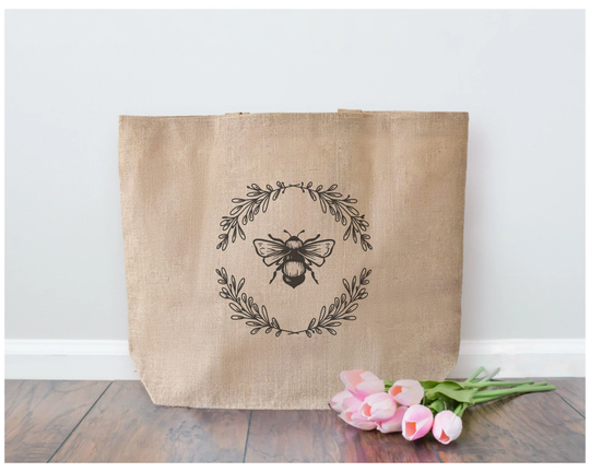 Lined Jute Tote Bag With Bee Wreath Decal, Large Shoulder Bag, Reusable Grocery Farmer's Market Tote, Housewarming Gifts, Gift Bags