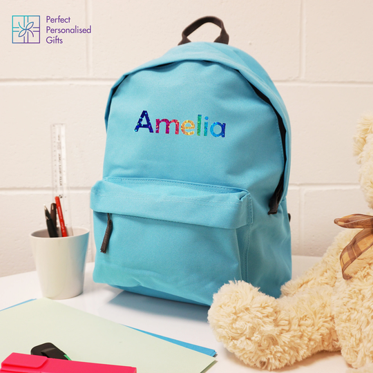 Personalised Rainbow Name Rucksack | Back To School Bag Glitter Backpack