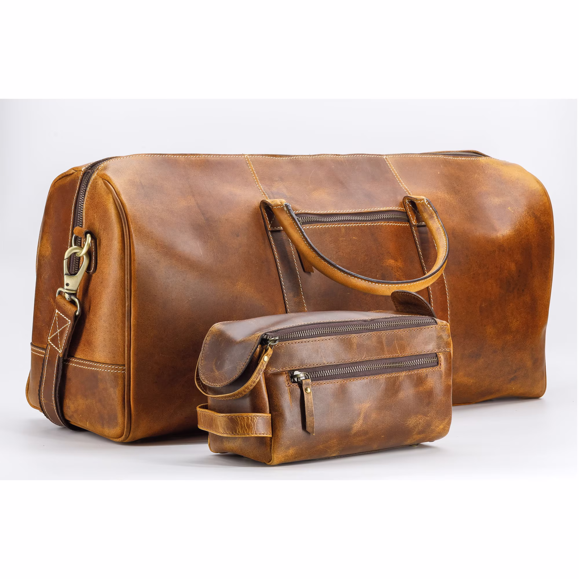 Leather Duffel Bag & Toiletry Combo For Men/Women 24 Inch Travel Sports Overnight Weekend Duffle Gym Cabin Holdal Bag