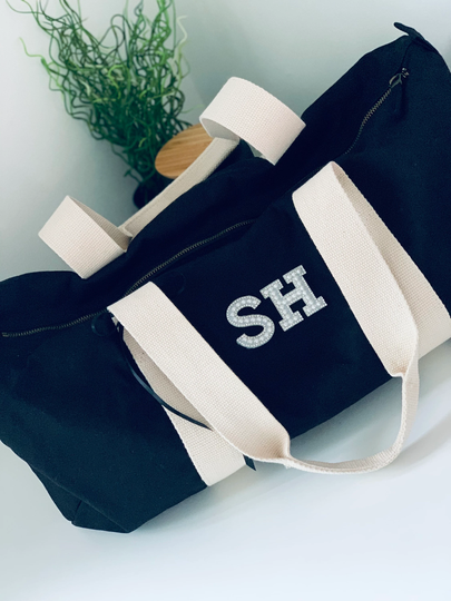 Personalised Gym , Overnight, Sports, Weekend Barrel Bag With Pearl Silver Rhinestone Letters
