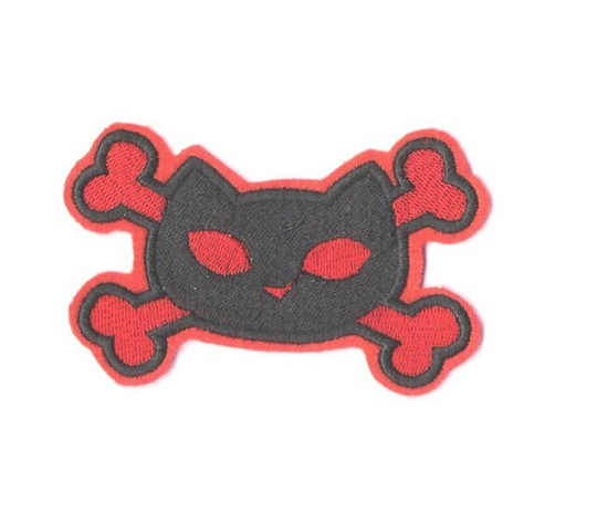 Bad Kitty & Cross Bones Embroidered Iron On Patch Red Black