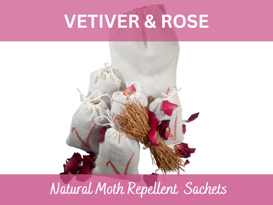 Vetiver(Khus & Rose Aromatic Sachets. Natural Moth Repellent For Clothes, Drawers, Wardrobes, Linen, Trainers. | Pack 5 Sachets