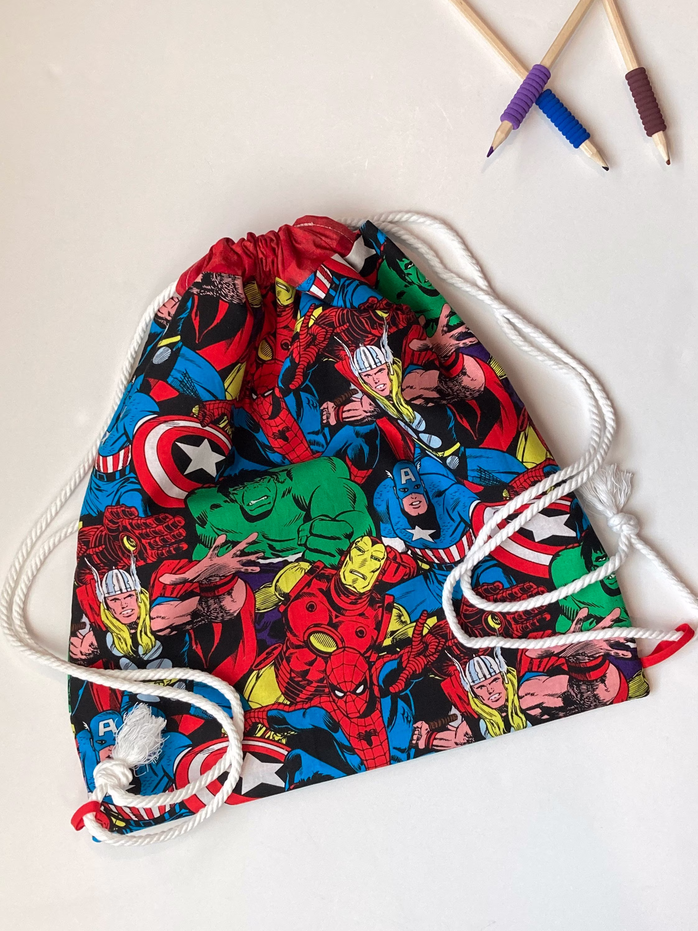 School Book Bag Drawstring Lined Backpack Made From Avengers, Student Gym Or Swim Bag, 15