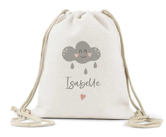 Personalised Drawstring Bag Linen Kids Children's Boys Girls Backpack Toys Nappy Nursery School P.e Book Cute Grey Cloud
