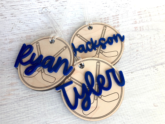 Personalized Hockey Bag Tag, Custom Name Sports Team Gift Idea, Tournament Gift, Engraved Sticks