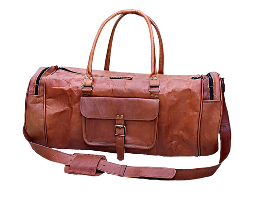 Oversized Round Travel Duffel Bag Genuine Leather Weekend Bag Weekender Overnight Carryon Travel Brown